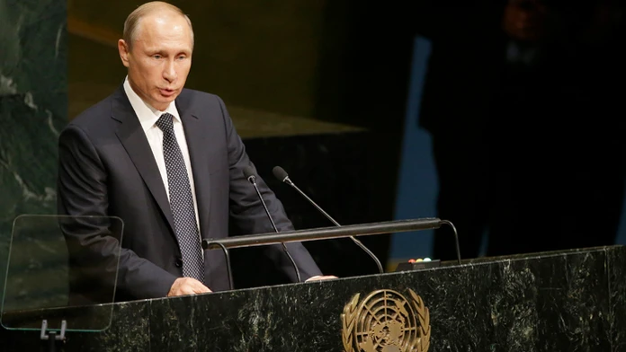 Ruský prezident Vladimir Putin počas prejau na 70. zasadanutí Valného zhromaždenia OSN v New Yorku.