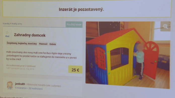 Pozastavený inzerát na predaj detského záhradného domčeka.
