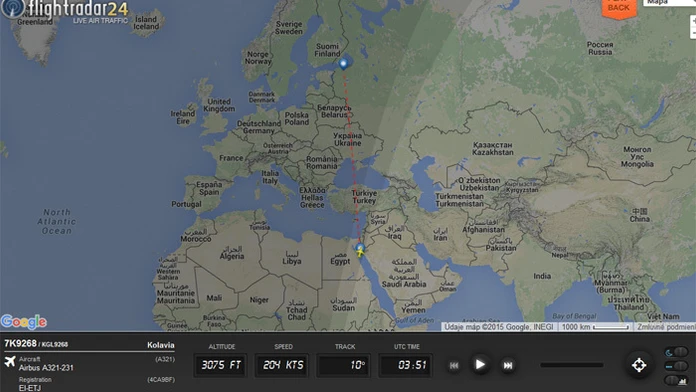 Mapa trasy lietadla Airbus A321-231, ktoré sa zrútilo v Egypte.