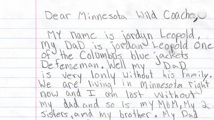 Tento list poslala malá dcéra šéfom Minnesoty Wild.