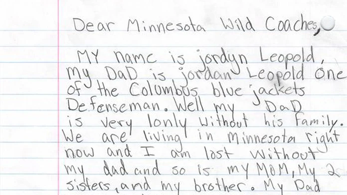 Tento list poslala malá dcéra šéfom Minnesoty Wild.
