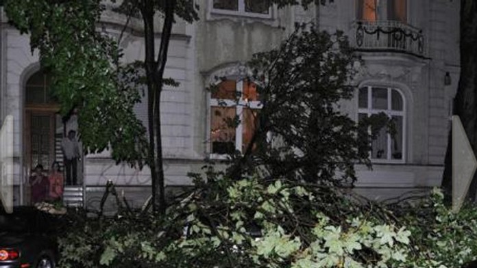 Popadané stromy na ulici v Dortmunde