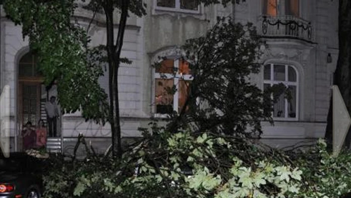 Popadané stromy na ulici v Dortmunde