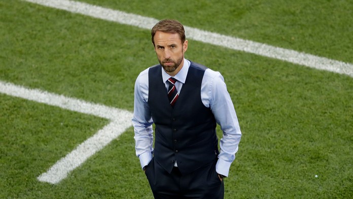 Kouč Anglicka Gareth Southgate pred zápasom s Belgickom na MS 2018. 