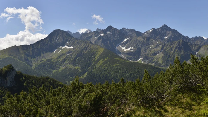 Ranné Tatry zo Zadných Meďodolov, v strednom vľavo je Jahňací štít, uprostred Kolový štít a vpravo Ľadový štít.
