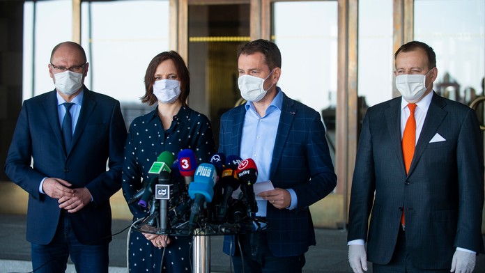 Na snímke zľava Richard Sulík, Veronika Remišová, Igor Matovič a Boris Kollár