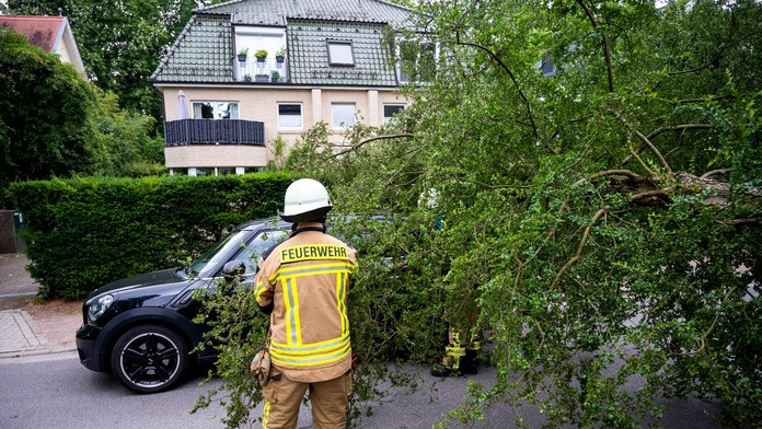 Spadnutý strom po búrke odstraňujú na ceste nemeckí hasiči.