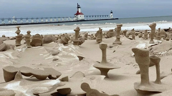 Pieskové skulptúry na brehu Michiganského jazera.
