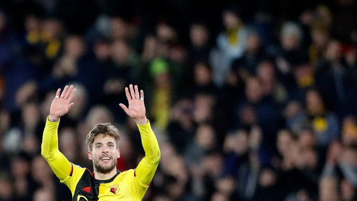 Jordan Pickford z Evertonu reaguje proti Manchesteru United.