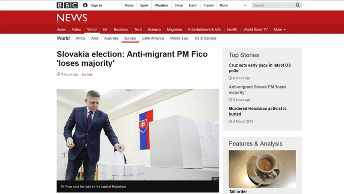 Titulka spravodajského serveru BBC o slovenských voľbách.