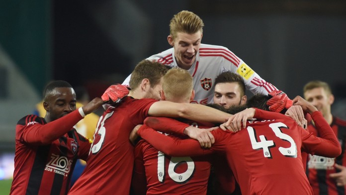 Radosť hráčov Trnavy po góle v pohári proti Dunajskej Strede.