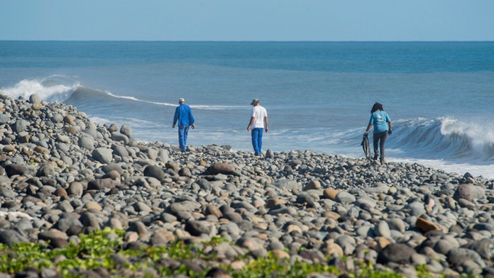 Na archívnej snímke z 10. augusta 2015 zamestnanci mesta prehľadávajú pláž na ostrove Réunion.