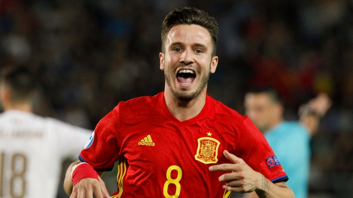 Saúl Níguez zo Španielska jasá po svojom góle v semifinále ME 21 proti Taliansku.
