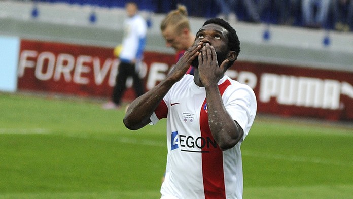 Ibrahim Rabiu (Trenčín) sa teší zo streleného gólu na 1:1 počas finálového zápasu Slovenského pohára Slovnaft cup-u 