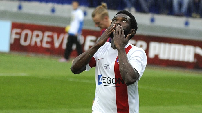 Ibrahim Rabiu (Trenčín) sa teší zo streleného gólu na 1:1 počas finálového zápasu Slovenského pohára Slovnaft cup-u 