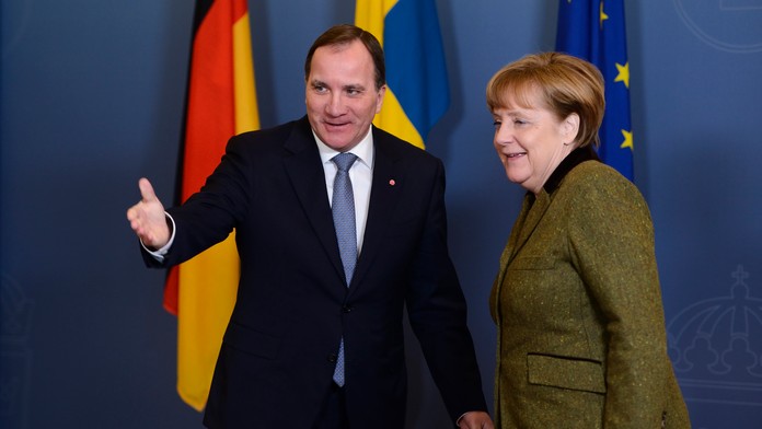 Angela Merkel na stretnutí so švédskym premiérom Stefanom Lofvenom. 