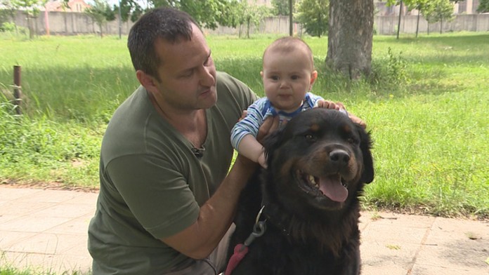 Cvičiteľ psov Tibor Tomášik s rotvajlerom Beom a synom.