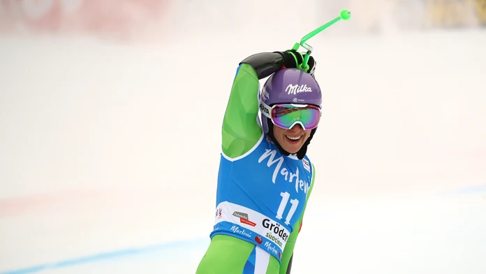 Alpská lyžiarka Ilka Štuhecová reaguje v cieli super-G vo Val Gardene.