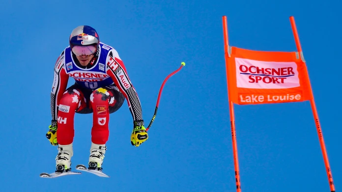 Erik Guay počas tréningu zjazdu v Lake Louise.