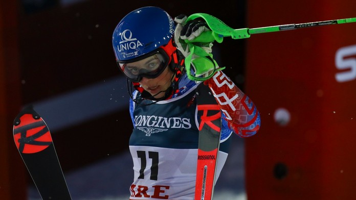 Alpská lyžiarka Wendy Holdenerová v cieli slalomu v kombinácii na MS v Are.