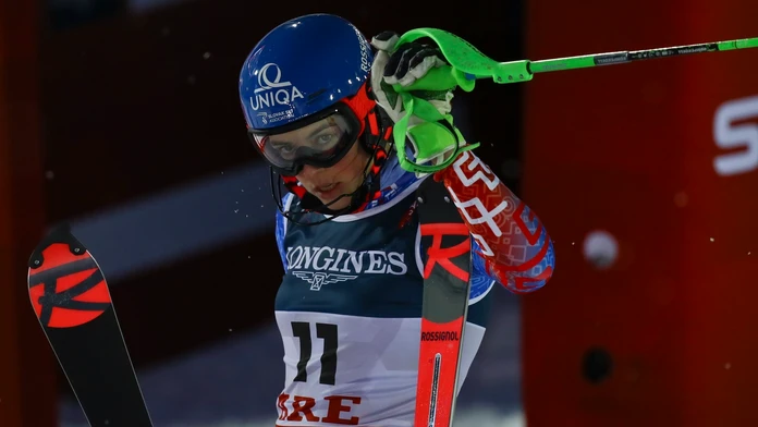 Alpská lyžiarka Wendy Holdenerová v cieli slalomu v kombinácii na MS v Are.