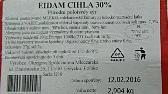 Etiketa syra, ktorý sťahujú z trhu.