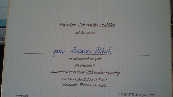 Pozvánka na slávnostnú recepciu po inaugurácii prezidenta Andreja Kisku.
