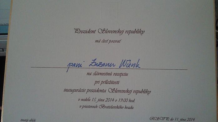 Pozvánka na slávnostnú recepciu po inaugurácii prezidenta Andreja Kisku.