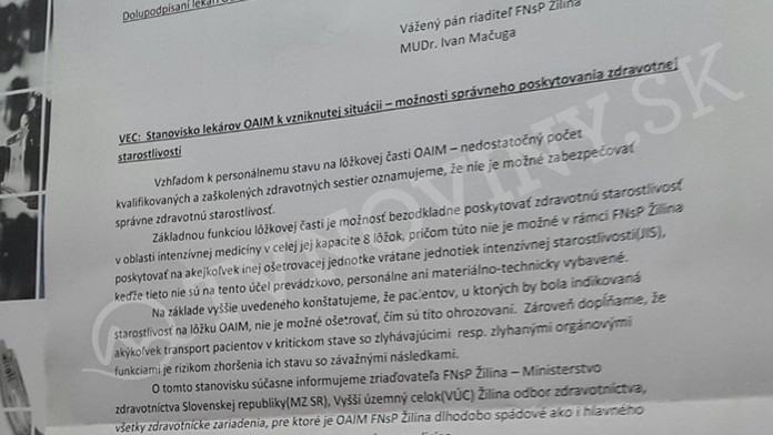List lekárov riaditeľovi žilinskej nemocnice. (titulné foto)
