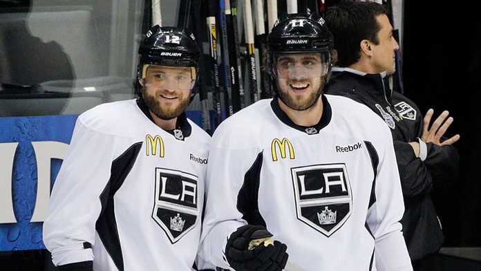 Anže Kopitar (vpravo) a Marián Gáborík na tréningu LA Kings.