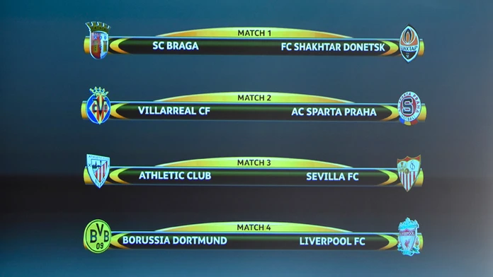 Tabuľka so štvrťfinálovými dvojicami Európskej ligy 2015/2016 po žrebe v sídle UEFA.