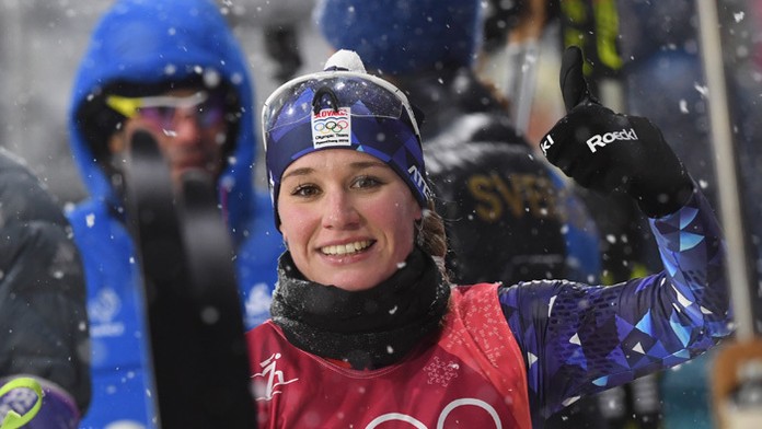 Paulína Fialková v cieli štafety žien na 4x6 km na ZOH.