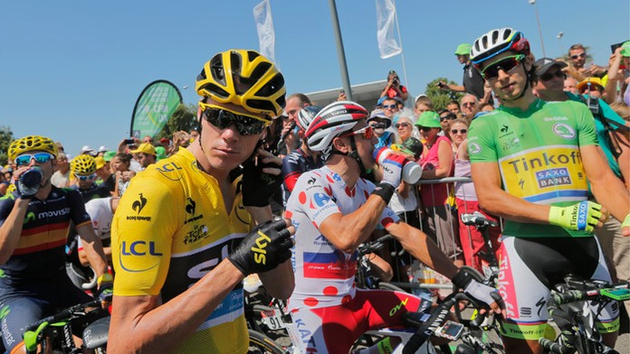 Alejandro Valverde, Chris Froome, Joaquim Rodriguez a Peter Sagan pred štartom 16. etapa Bourg-dePéage – Gap.