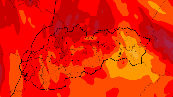 Teplotná mapa Slovenska včera (1.8.) napoludnie 