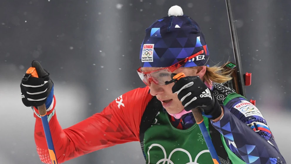 Anastasia Kuzminová v štafete žien na 4x6 km na ZOH 2018 v juhokórejskom Pjongčangu.