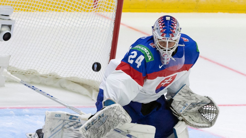 Na snímke slovenský brankár Patrik Rybár a jeho úspešný zákrok.