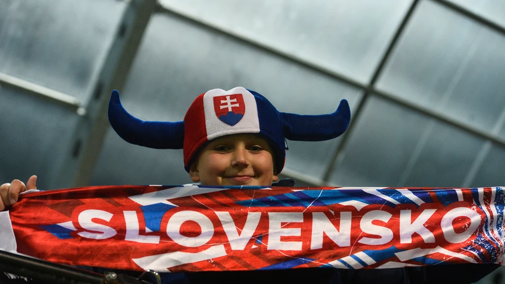 Slovenský fanúšik v zápase kvalifikácie ME 2017 hráčov do 21 rokov proti Bielorusku.