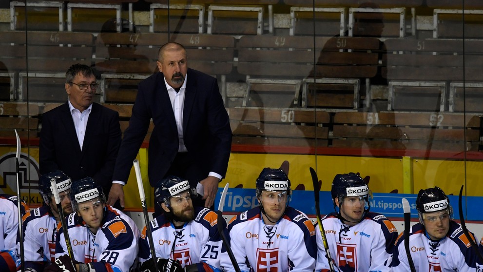 Slovenská striedačka  s trénerom Zdenom Cígerom (vpravo hore) a asistentom Miroslavom Milošovičom (vľavo)