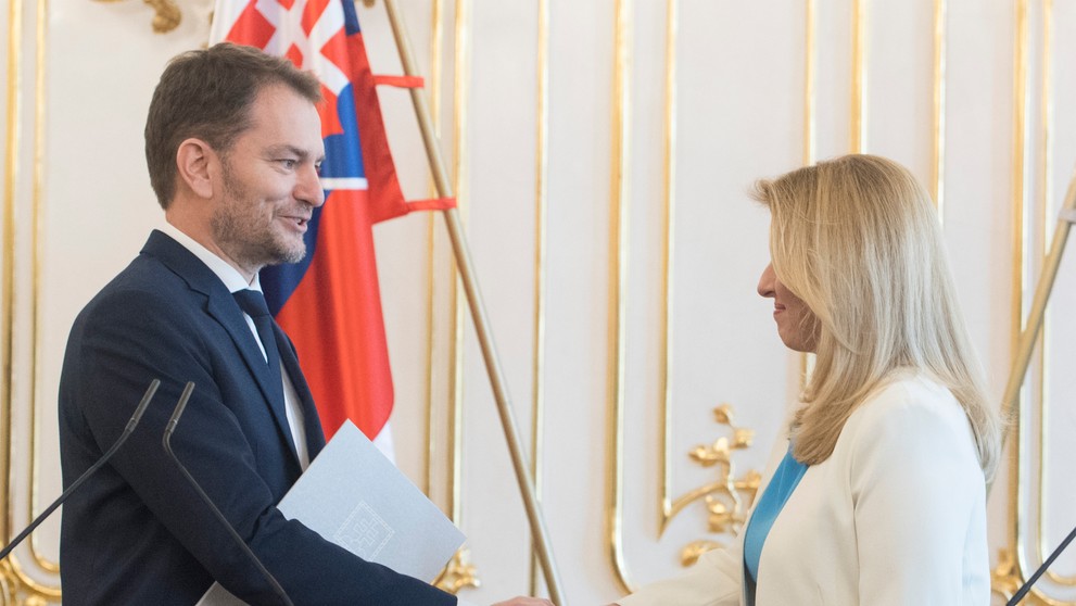 Prezidentka SR Zuzana Čaputová a predseda hnutia OĽaNO Igor Matovič počas tlačovej konferencie po prijatí v Prezidentskom paláci 4. marca 2020 v Bratislave.