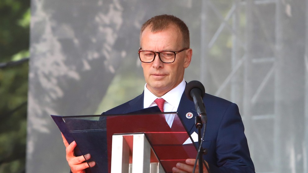 Predseda NR SR Boris Kollár počas príhovoru na celoštátnych oslavách 78. výročia SNP v areáli Múzea SNP v Banskej Bystrici.