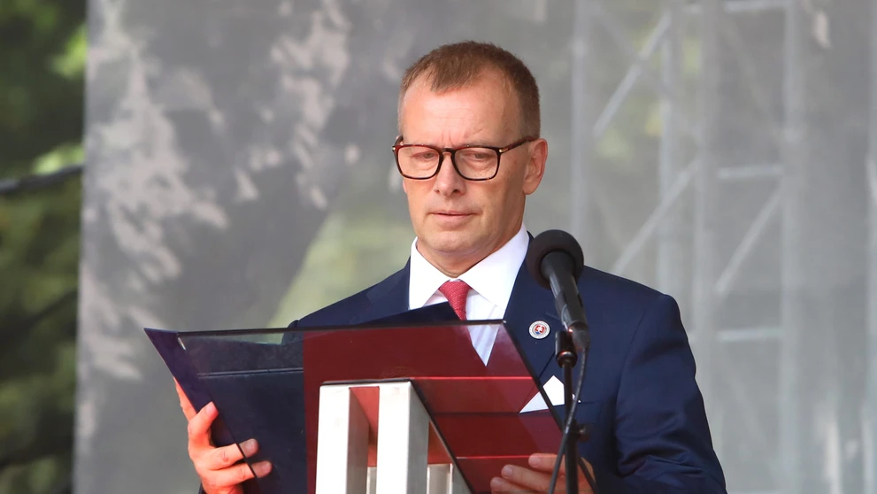 Predseda NR SR Boris Kollár počas príhovoru na celoštátnych oslavách 78. výročia SNP v areáli Múzea SNP v Banskej Bystrici.