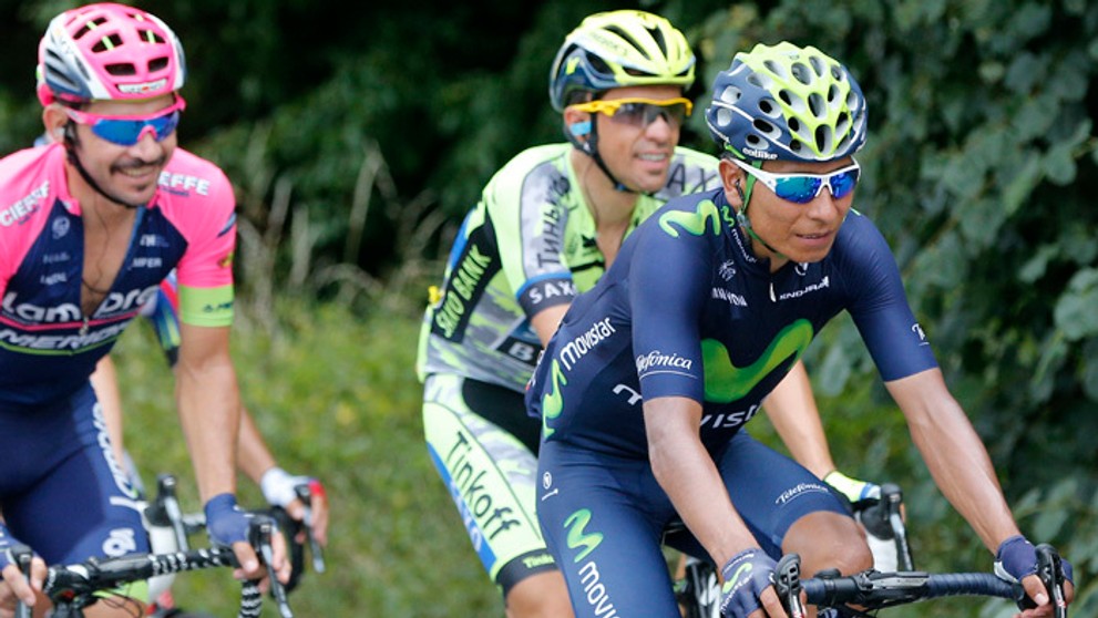 Nairo Quintana (vpravo), Alberto Contador a Jose Serpa počas 4. etapy na TdF.