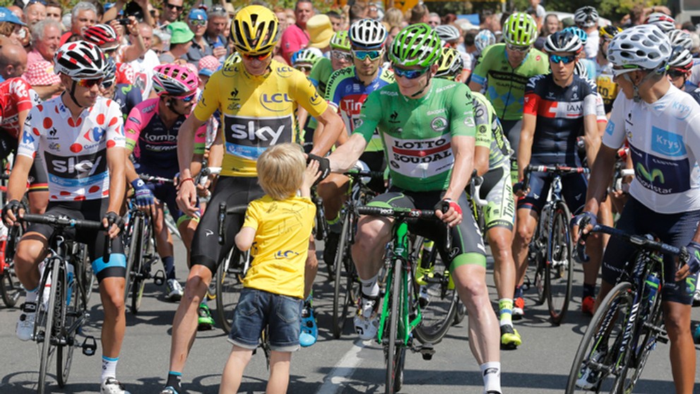 Najlepší jazdci pred 11. etapou TdF – (zľava) Richie Porte, Chris Froome, Andre Greipel a Nairo Quintana pred Petrom Saganom..