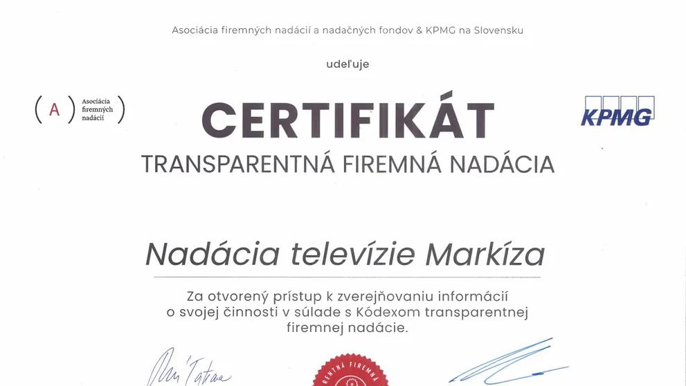 Nadácia Televízie Markíza získala certifikát transparentnej firemnej nadácie