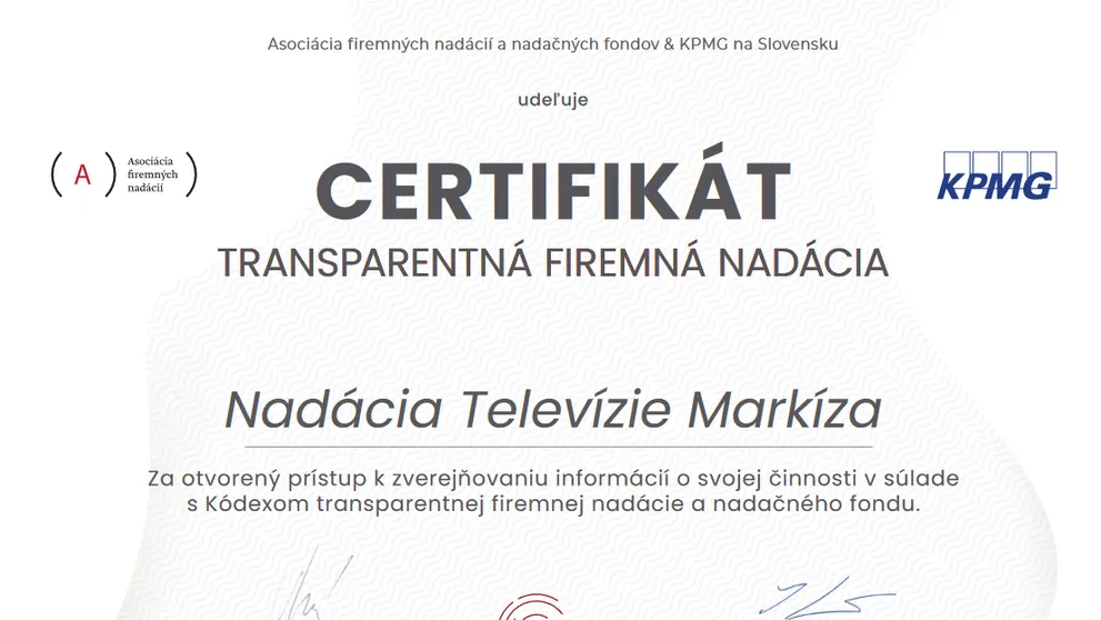 Nadácia Televízie Markíza opäť získala Certifikát transparentnej firemnej nadácie