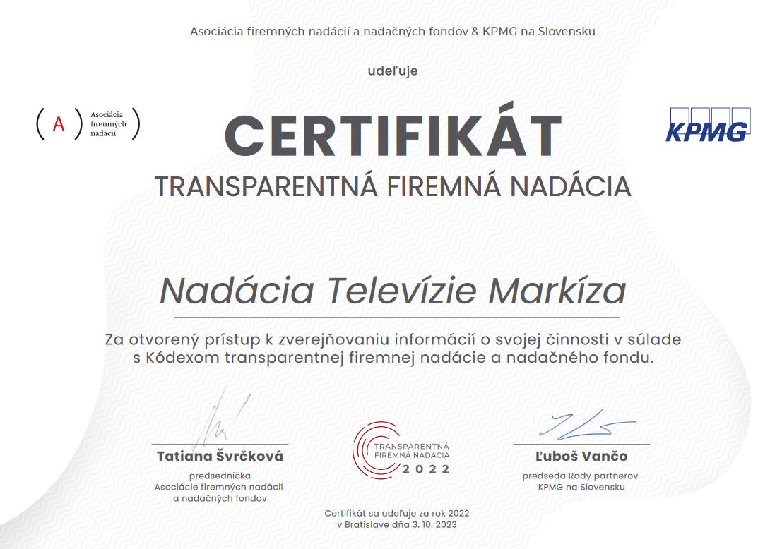 Nadácia Televízie Markíza opäť získala Certifikát transparentnej firemnej nadácie