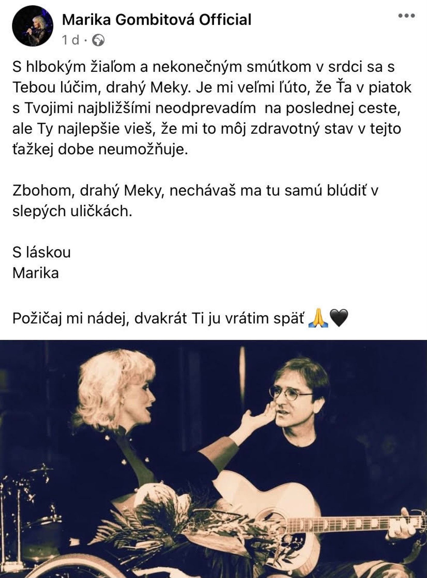 Rozlúčkový status Mariky Gombitovej pre Mekyho Žbirku.