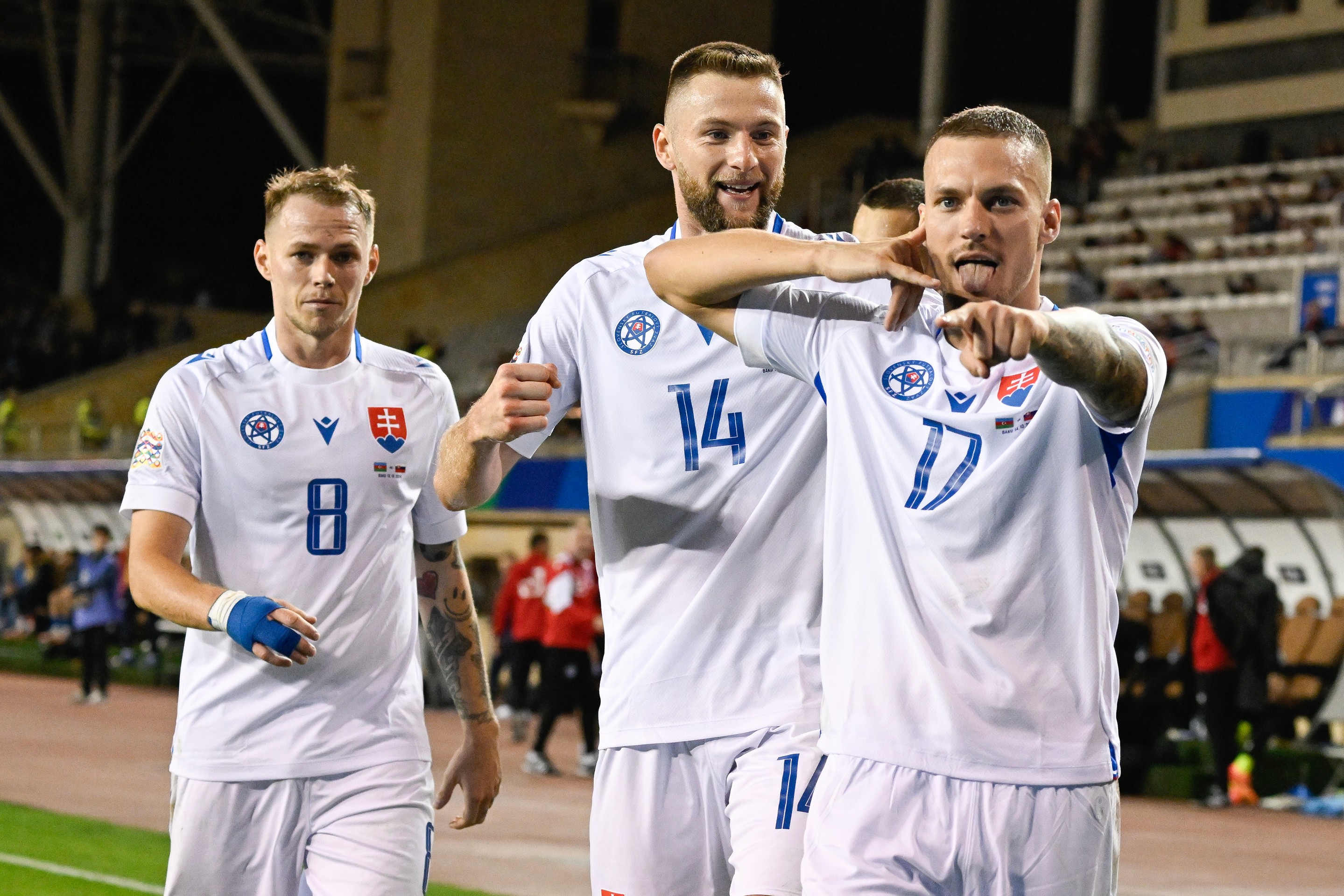 Na snímke sprava radosť Lukáša Haraslína po strelení druhého gólu, Milan Škriniar a Ondrej Duda.