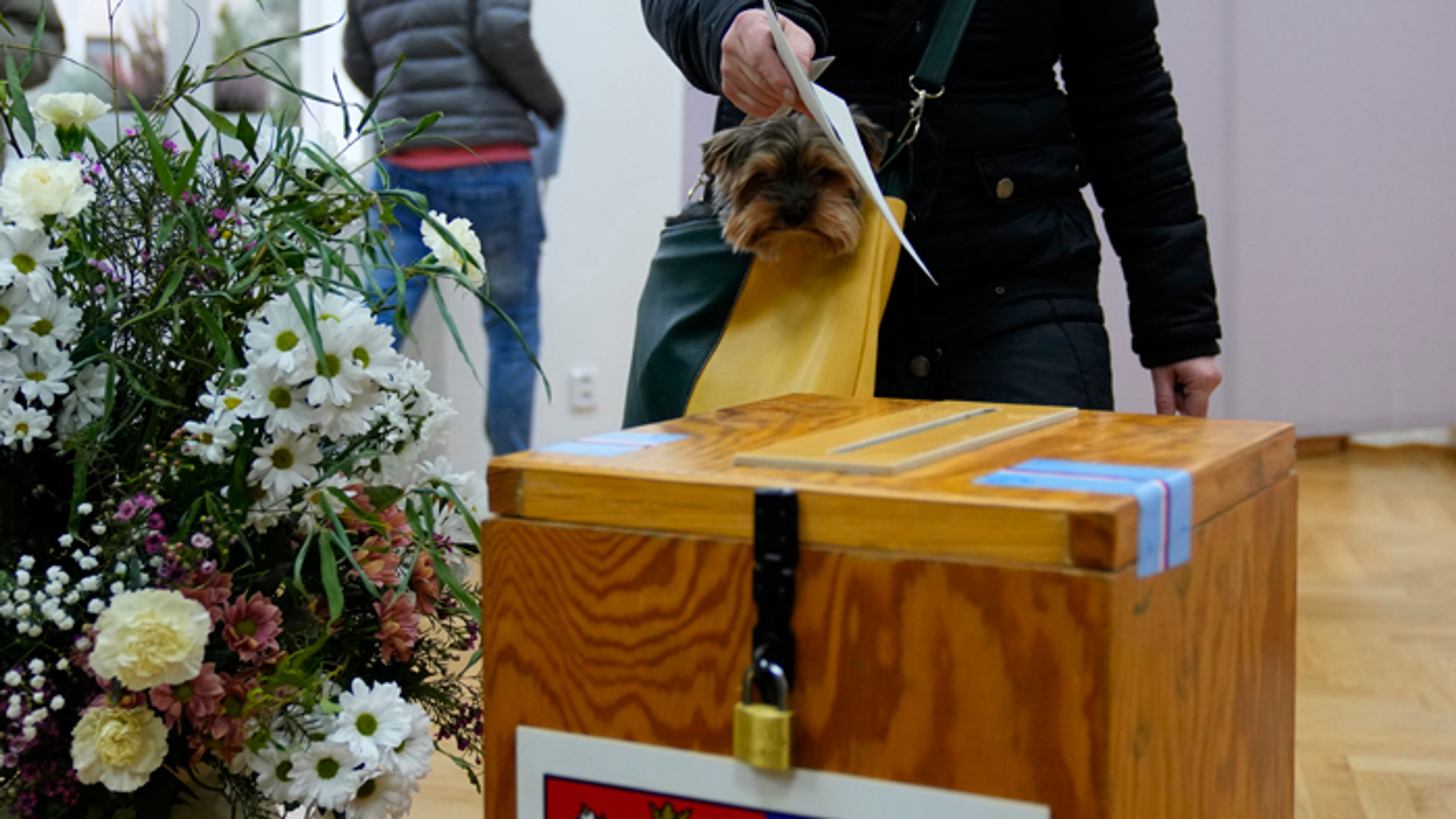  Volička so psom hlasuje v 1. kole prezidentských volieb Českej republiky.