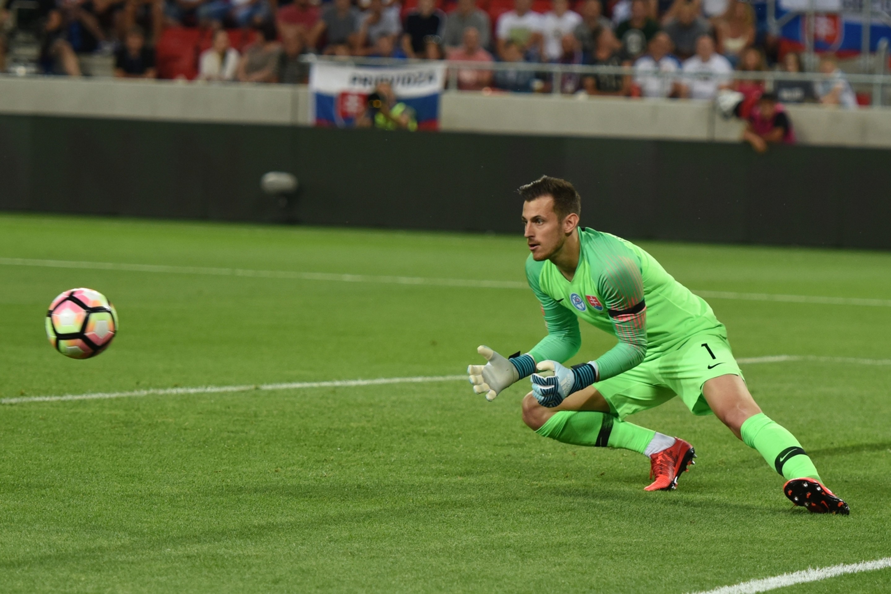 Brankár Slovenska Martin Dúbravka chytá loptu v príprave proti Holandsku.